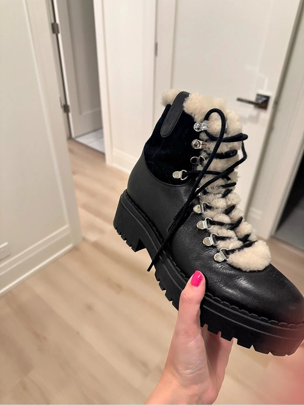 Marc Fisher Black Faux Fur Combat Boots Like New